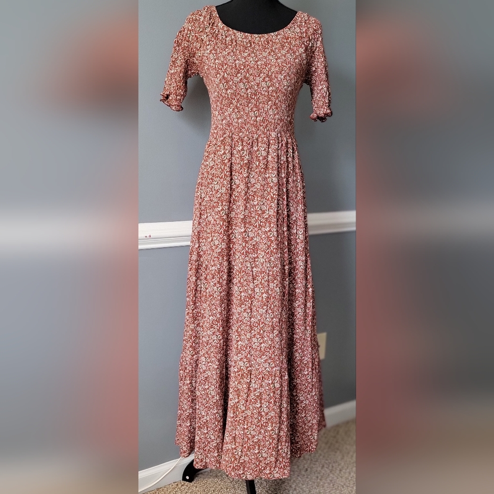 NATURAL LIFE Rust Floral Maxi Dress with Short Ruffled Sleeves